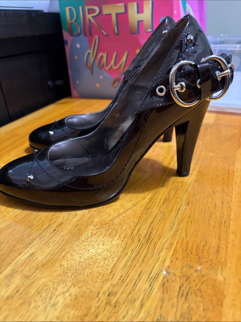 ANDREA Purple Patent Pointed-Toe Heels with Stud Detail